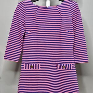 LILLY PULITZER Coral Blue Charlene 3/4 Sleeve Striped Knit Shift Mini Dress M